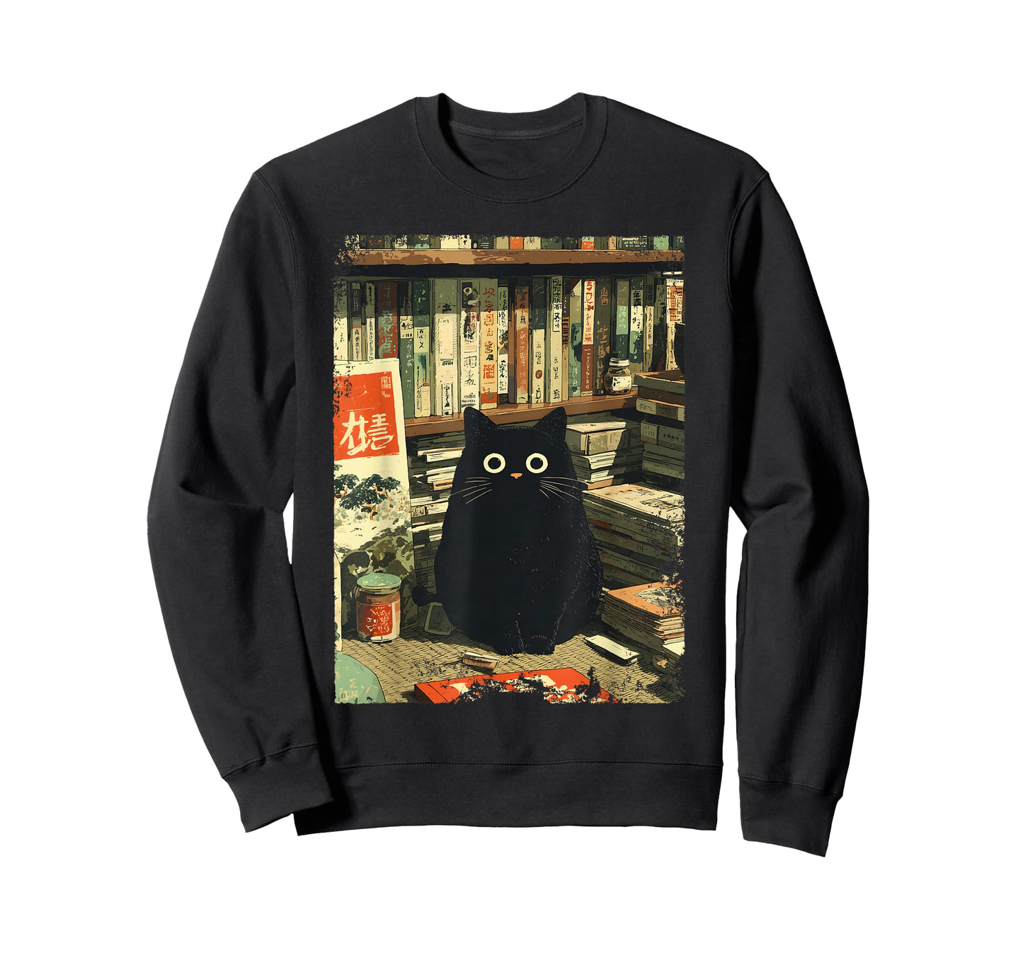 Vintage Japanese Cat Book Lovers Librarian Cat Dad Teacher T-Shirt