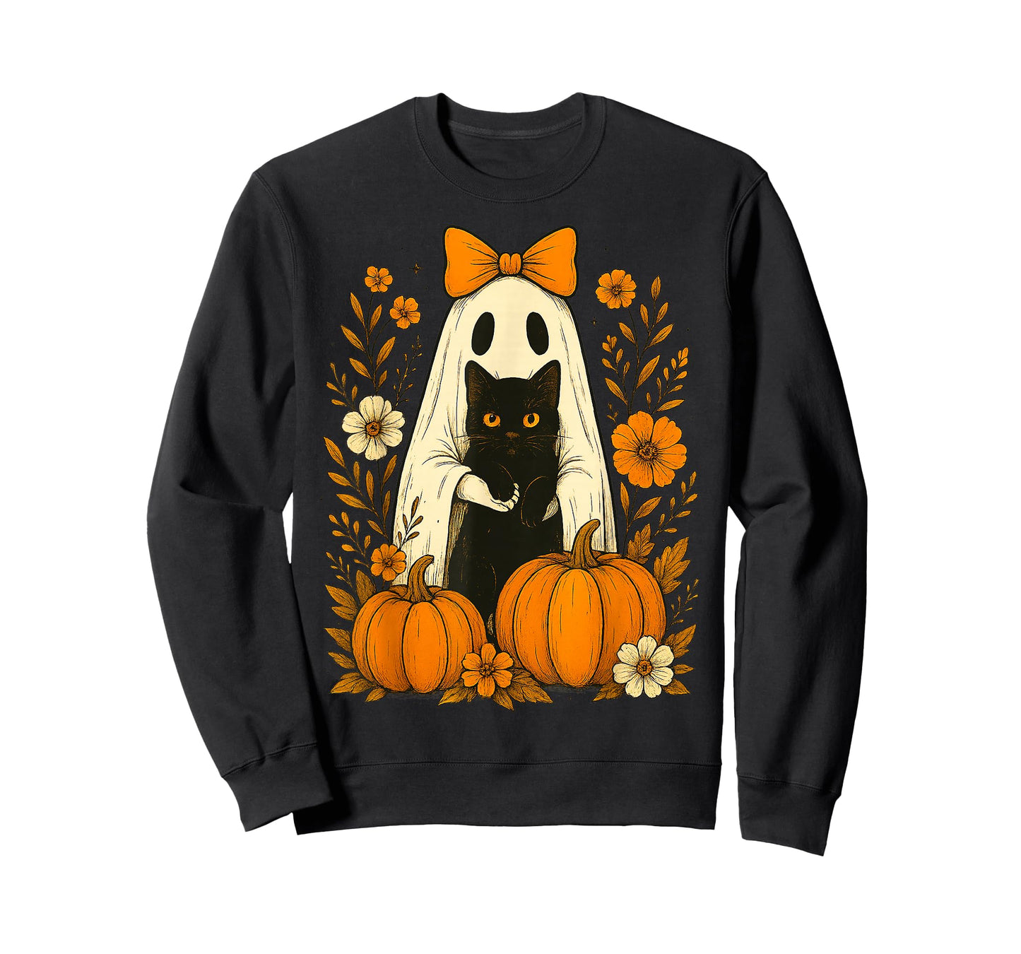 Cute Ghost Black Cat Halloween Pumpkin Groovy Floral Gifts T-Shirt