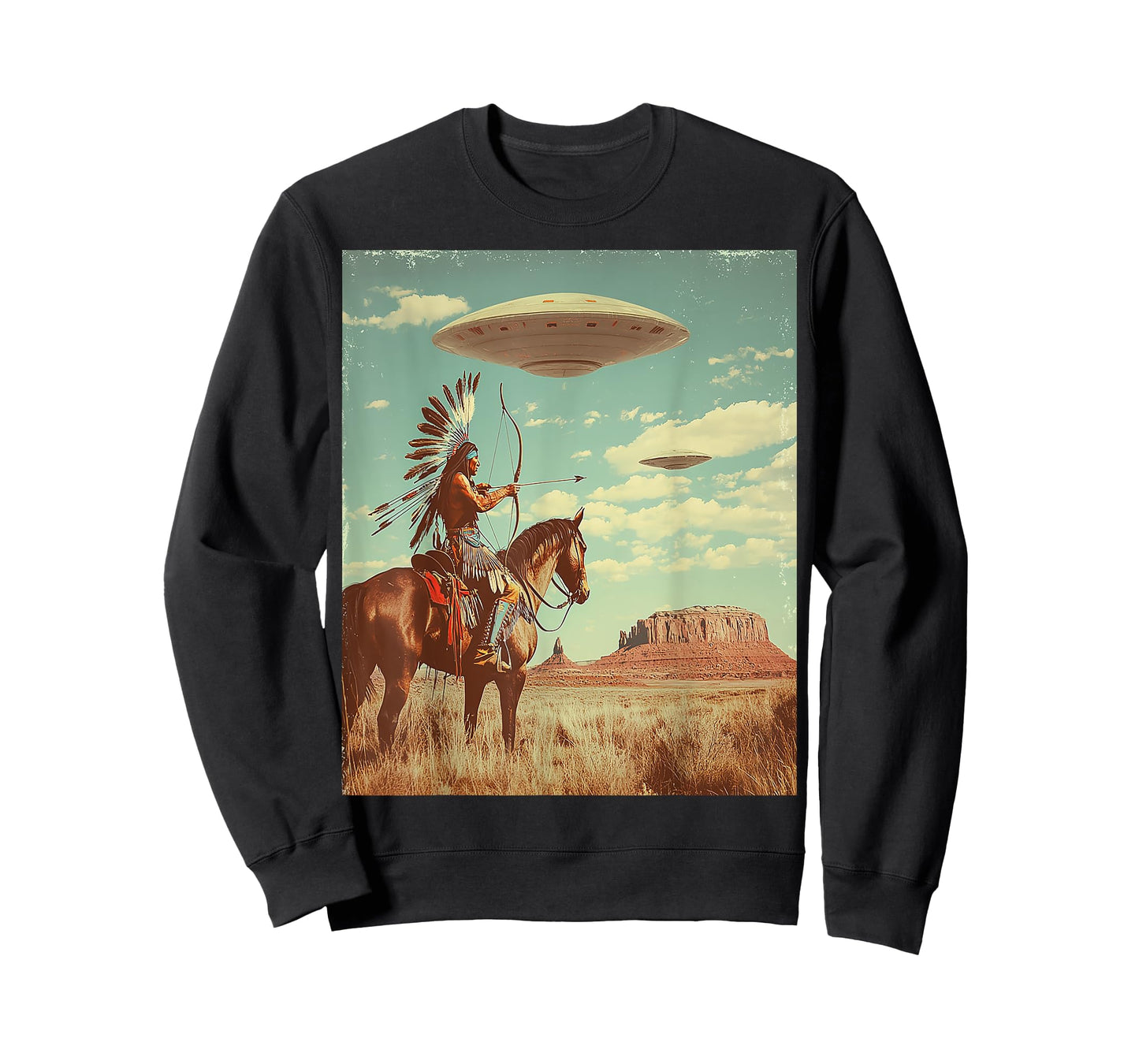 Retro Desert Indian Riding Horse Shooting Bow Arrow UFO Art T-Shirt
