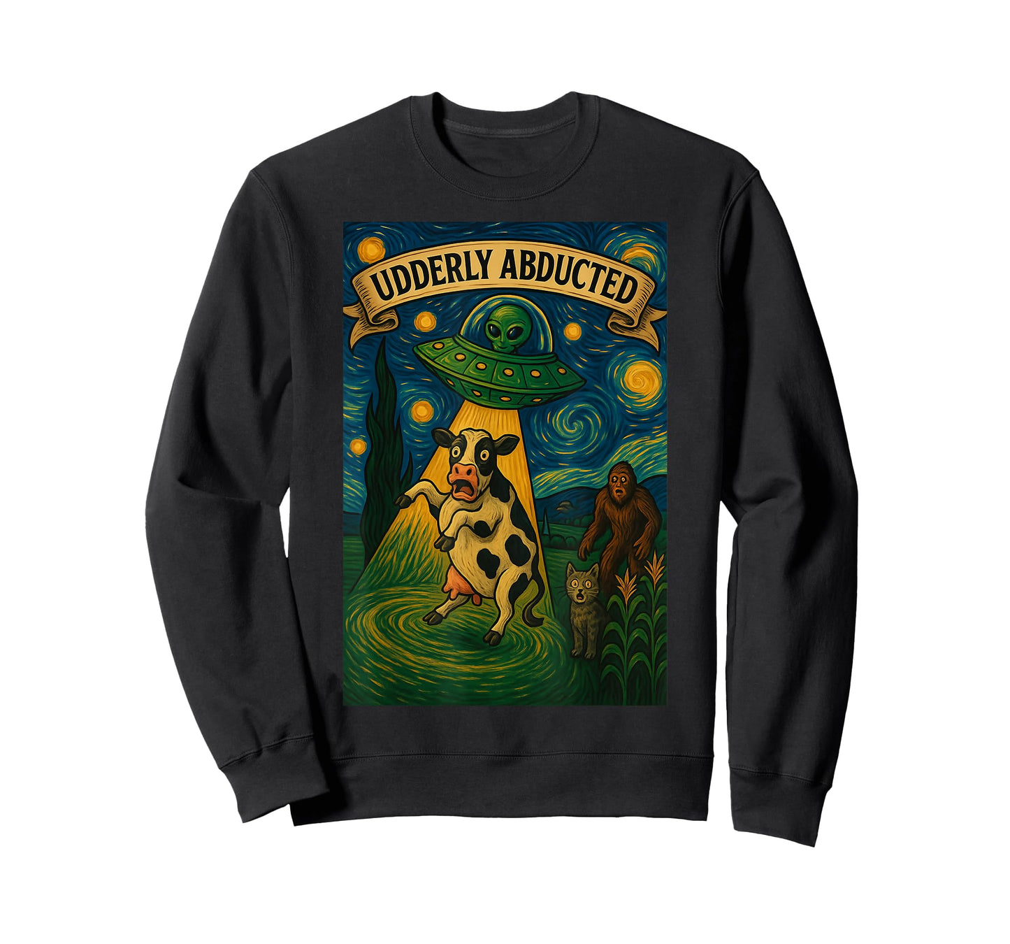 Alien Cow Abduction Bigfoot UFO Van Gogh T-Shirt