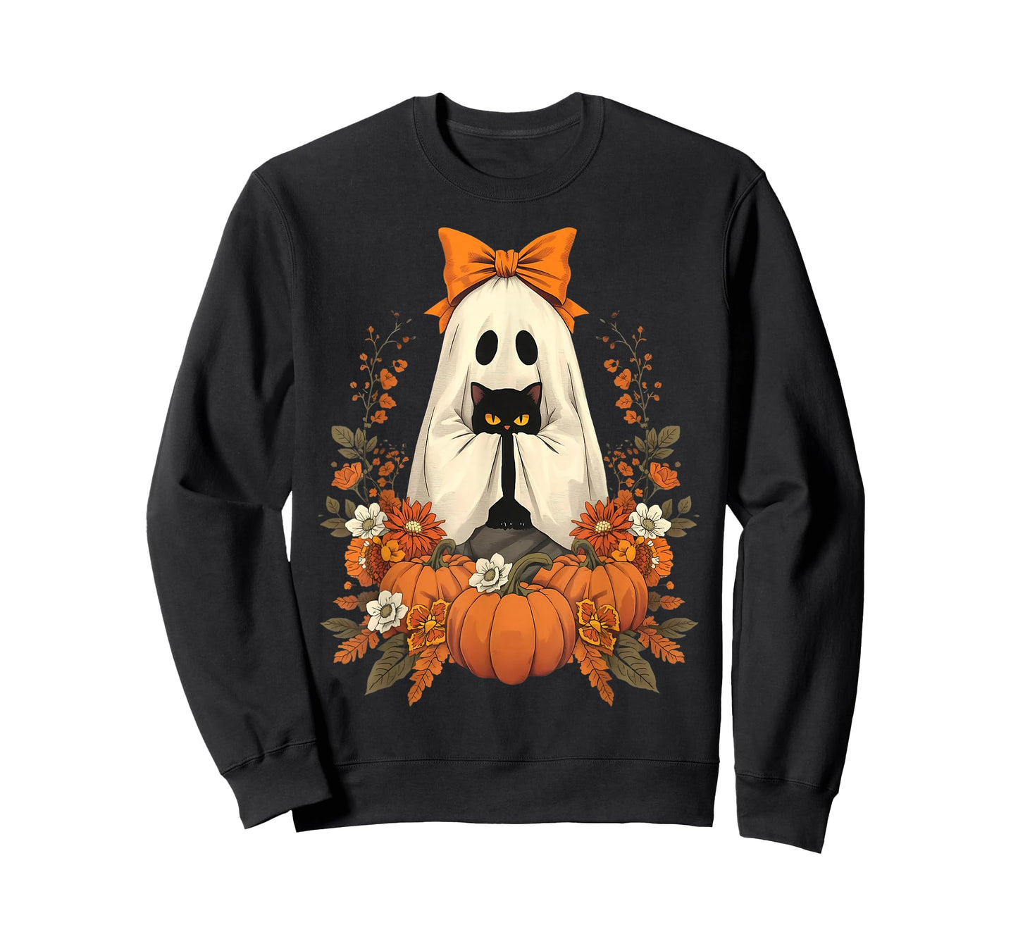 Vintage Halloween Ghost Holding Cat Groovy Floral Cat Meme T-Shirt