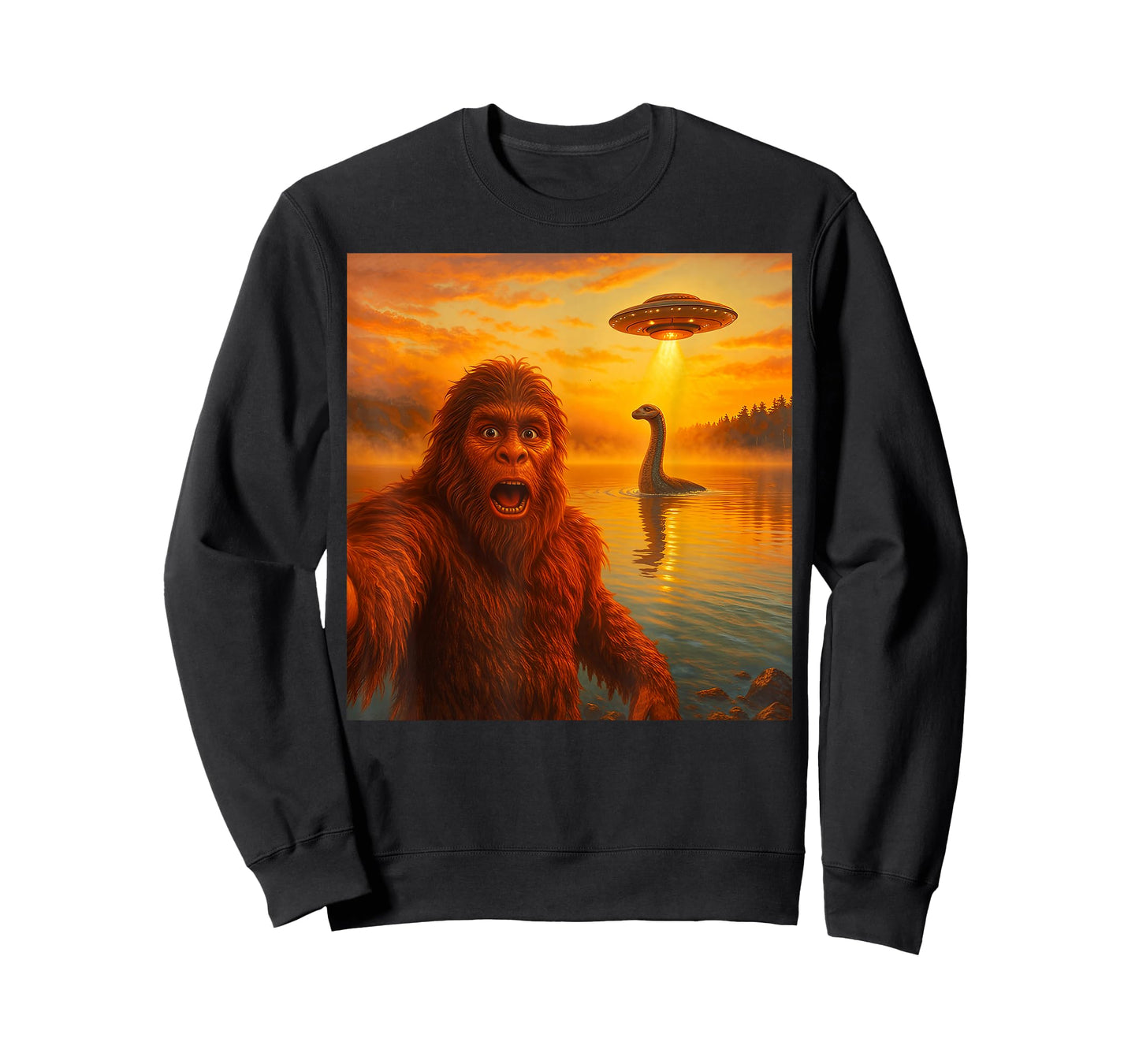 Funny Bigfoot Selfie with Loch Ness Monster and UFO Aliens T-Shirt
