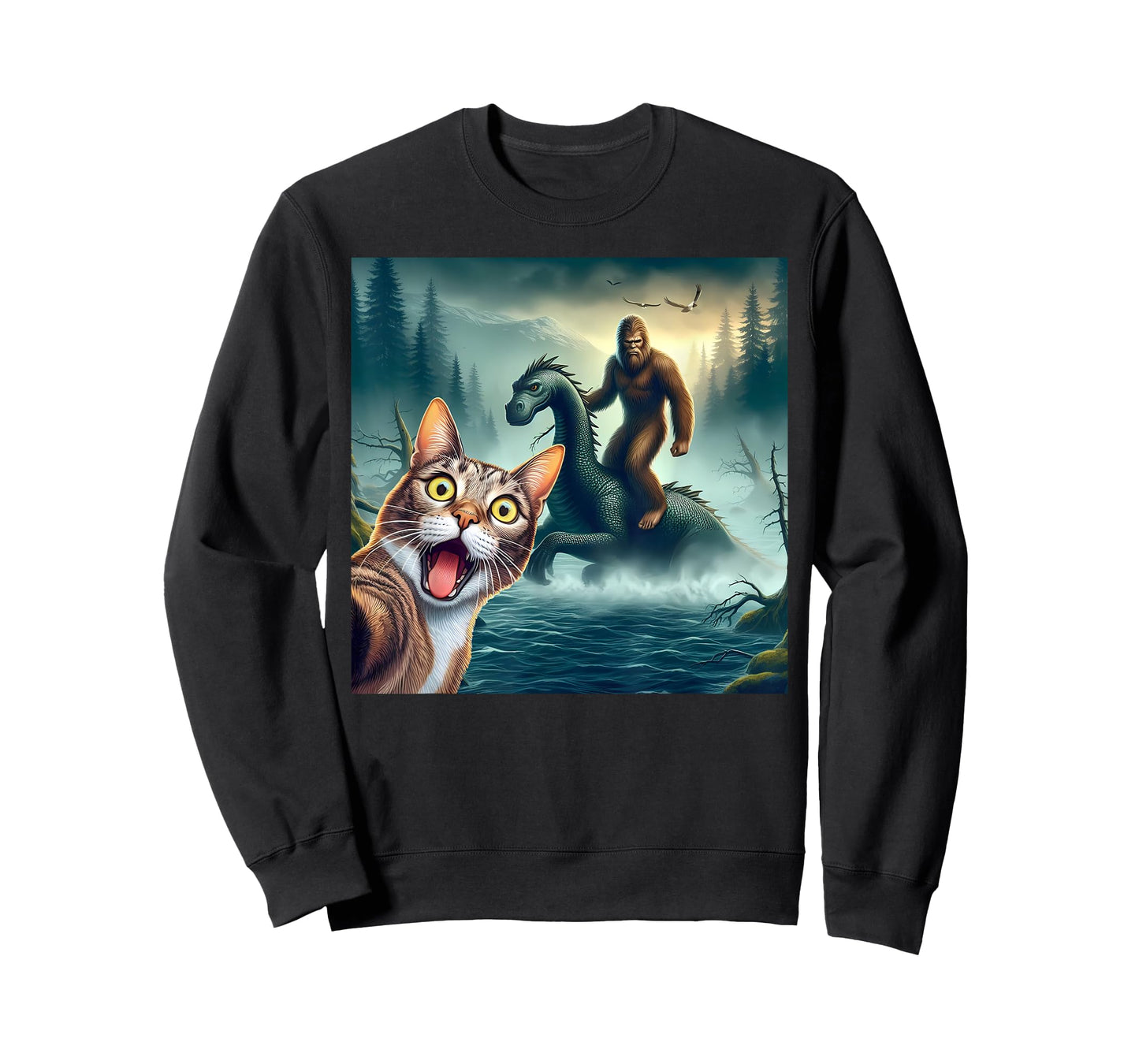 Cat Selfie bigfoot riding loch Ness monster surprised cat T-Shirt for Men Women Kids