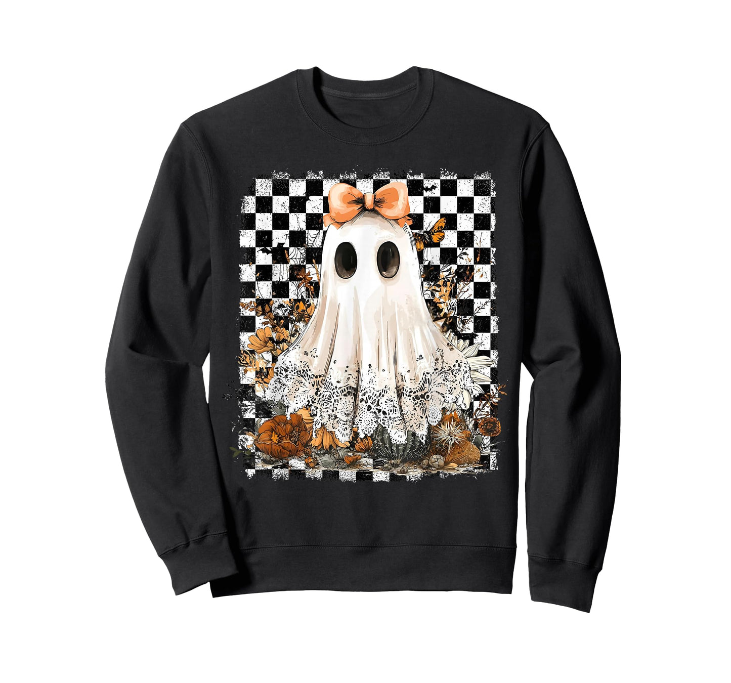 Coquette Bow Ghost Spooky Season Halloween Checkered Retro T-Shirt