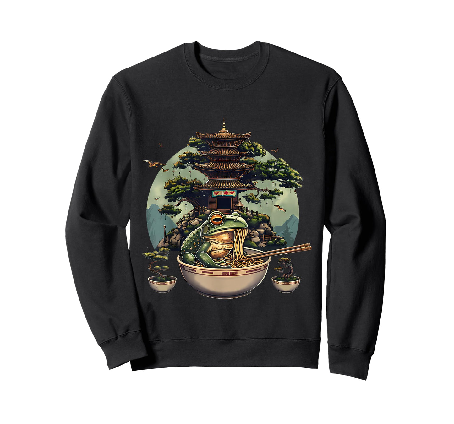 Frog Eating Ramen Noodles Pagoda Bonsai Tree Ramen Noodles T-Shirt