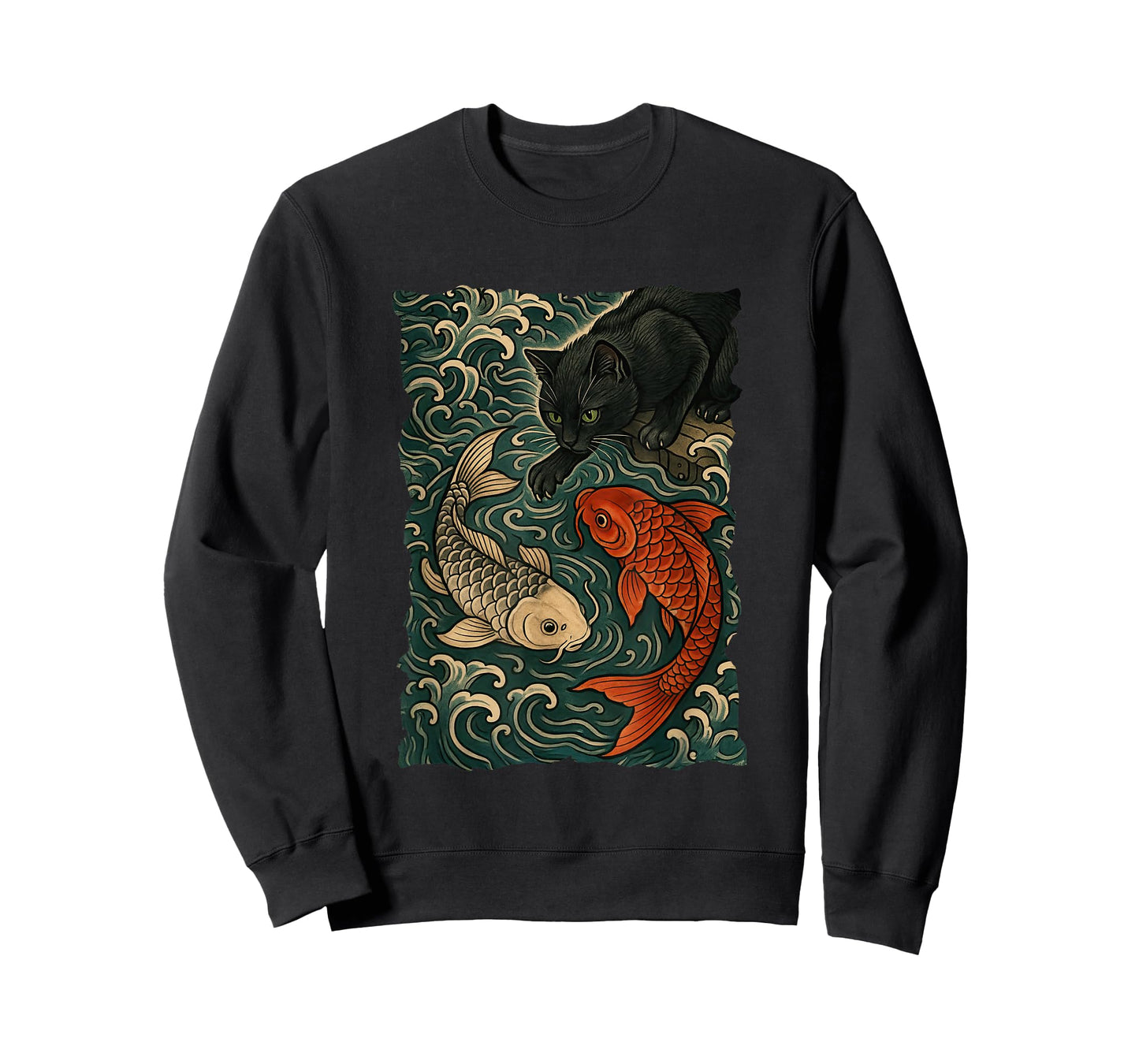Cat Graphic Tee Women Men Funny Yin Yang Fish Japanese Art T-Shirt