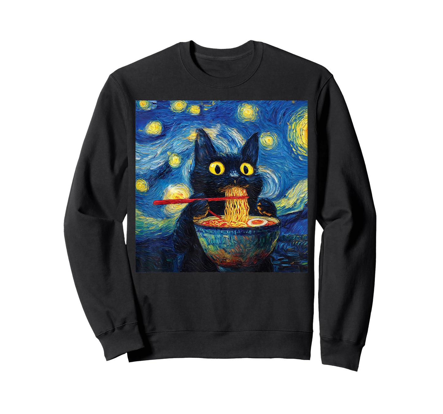 Cat Eating Ramen Under Starry Nighit Funny Noodle Cat Art T-Shirt