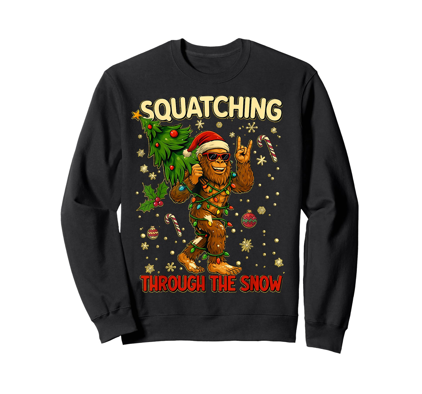Squatching Through The Snow Funny Bigfoot Xmas Lights Gifts T-Shirt