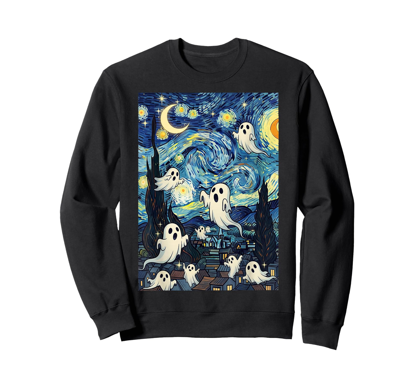 Spooky Ghosts in Starry Night Art Van Gogh Halloween Fun T-Shirt