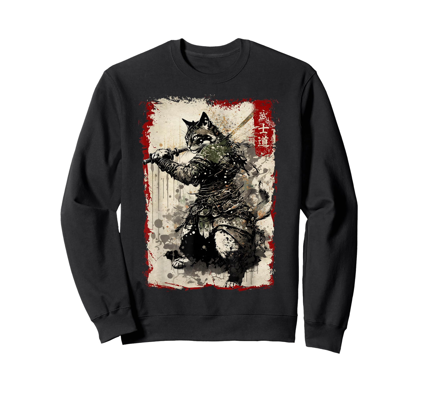 Samurai Cat Graphic Tee Warrior Vintage Japanese Art Anime T-Shirt