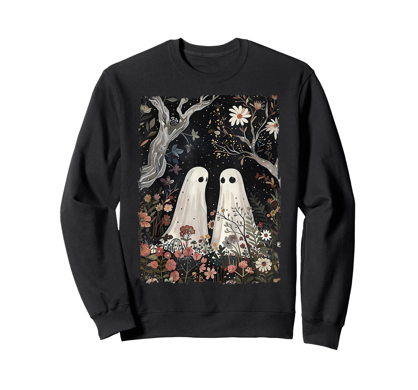 Ghost In The Flower Forest Halloween Spooky Season Vintage T-Shirt