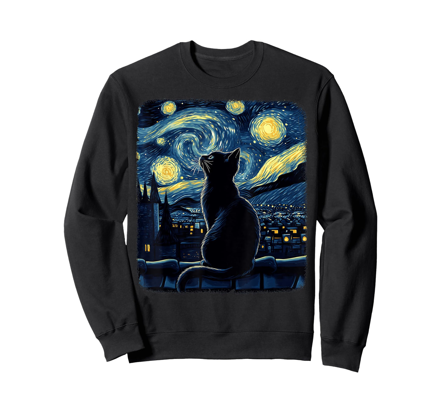Halloween Van Gogh Starry Night Painting Black Cat Kitten T-Shirt for Men Women Kids