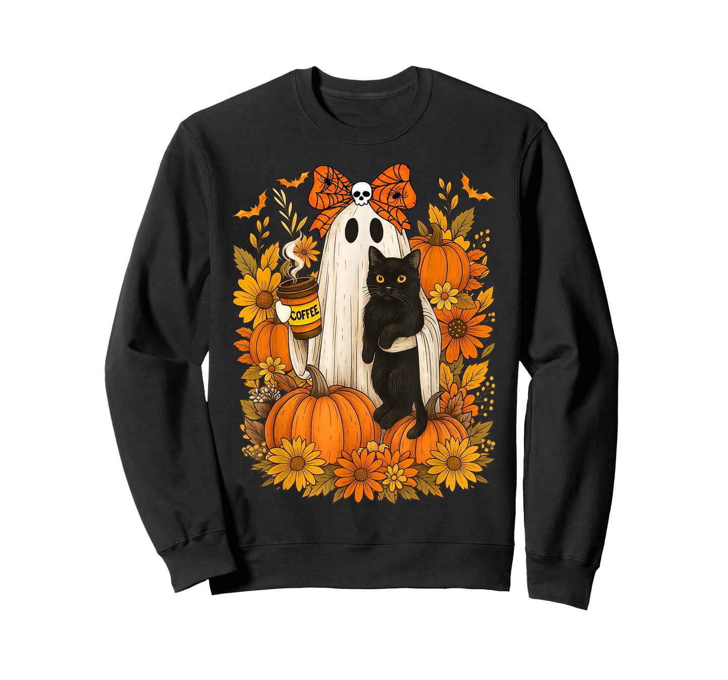Vintage Halloween Ghost Holding Black Cat Groovy Floral T-Shirt