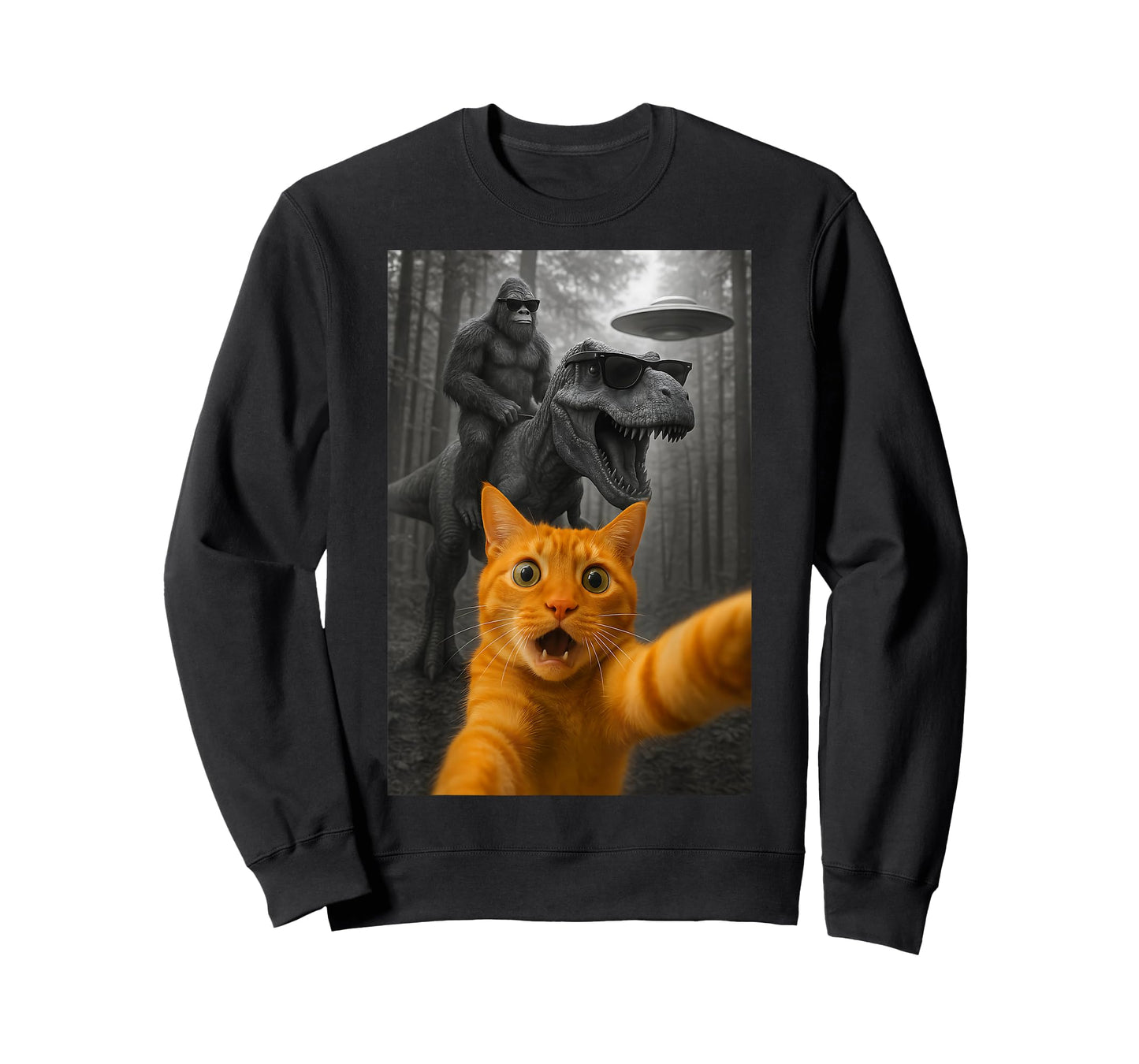 Cat Selfie with Dinosaur Bigfoot UFO Funny Graphic T-Shirt