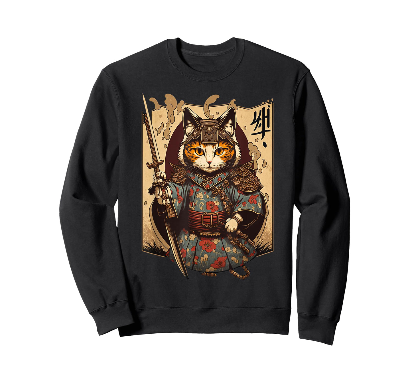Retro Japanese Samurai Ninja Cat Kawaii Tattoo Graphic Style T-Shirt