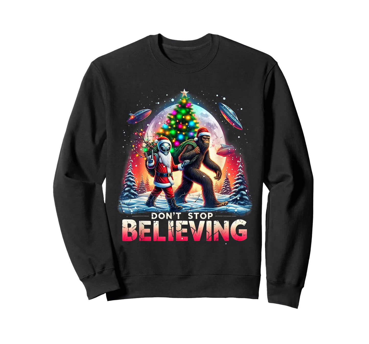 Believe Funny Alien and Santa Christmas Design T-Shirt