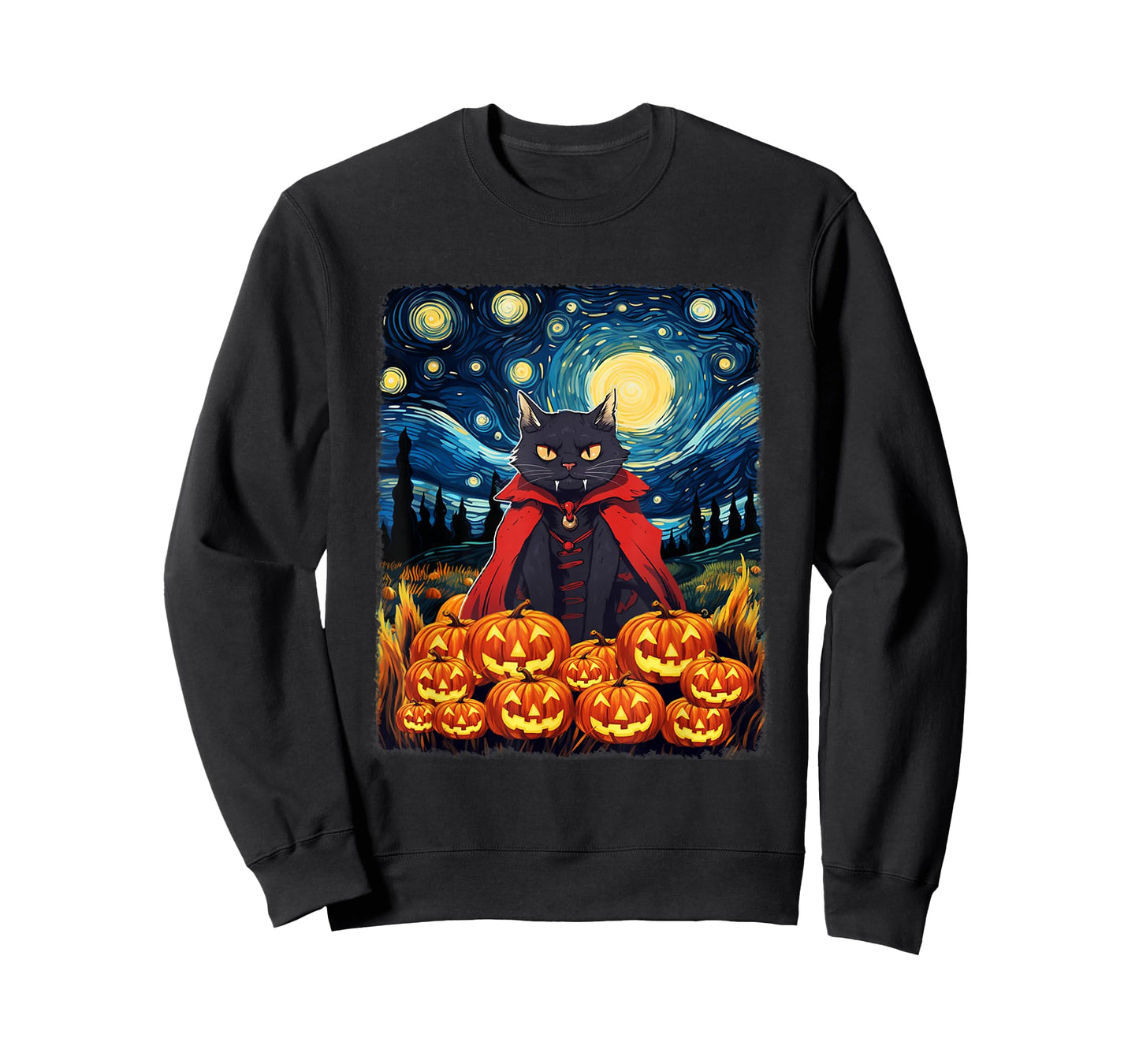 Dracula Cat Starry Night Van Gogh Retro Halloween Cat T-Shirt