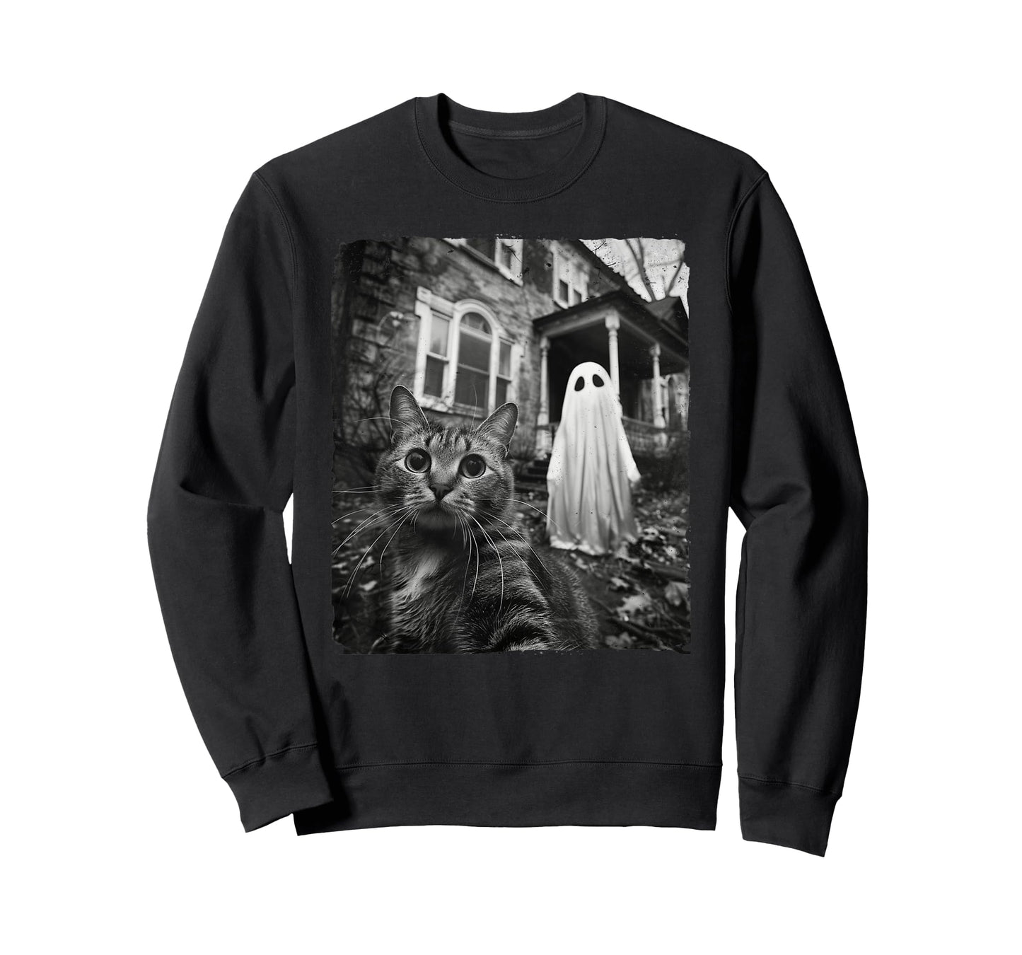 Funny Cat Selfie Ghost Halloween House Photo Haunted Spooky T-Shirt for Men Women Kids