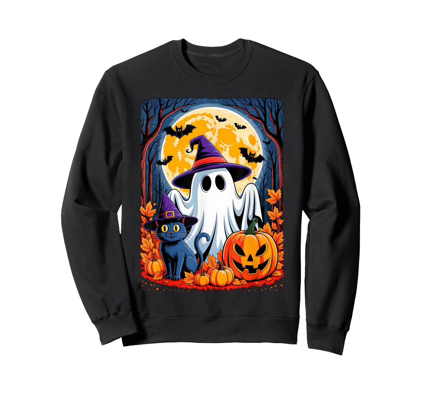 Cute Ghost Black Cat Halloween Witch Pumpkin Dark Forest T-Shirt