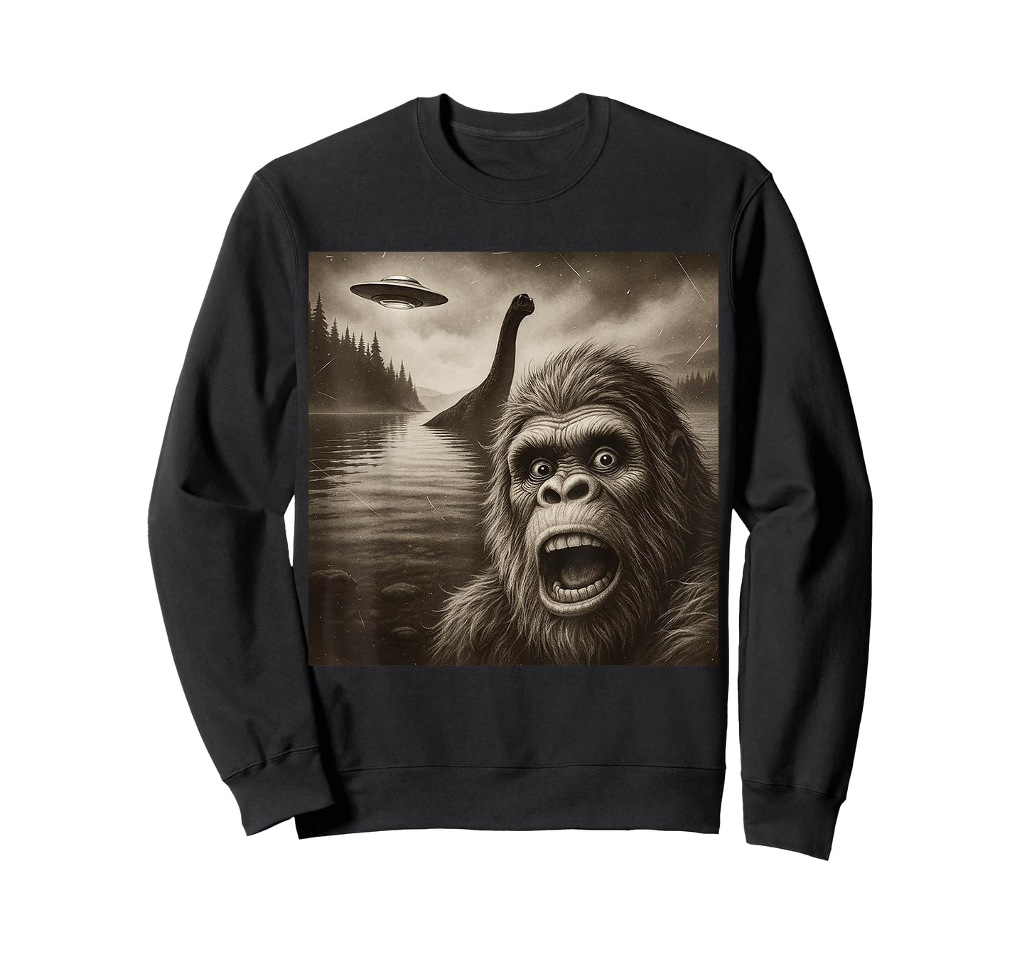 Bigfoot Selfie With Loch Ness Monster And UFO Aliens Graphic T-Shirt