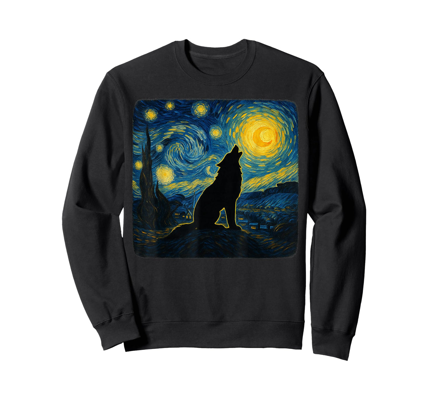 Starry Night Van Gogh Wolf Howling Moon Funny Graphic T-Shirt