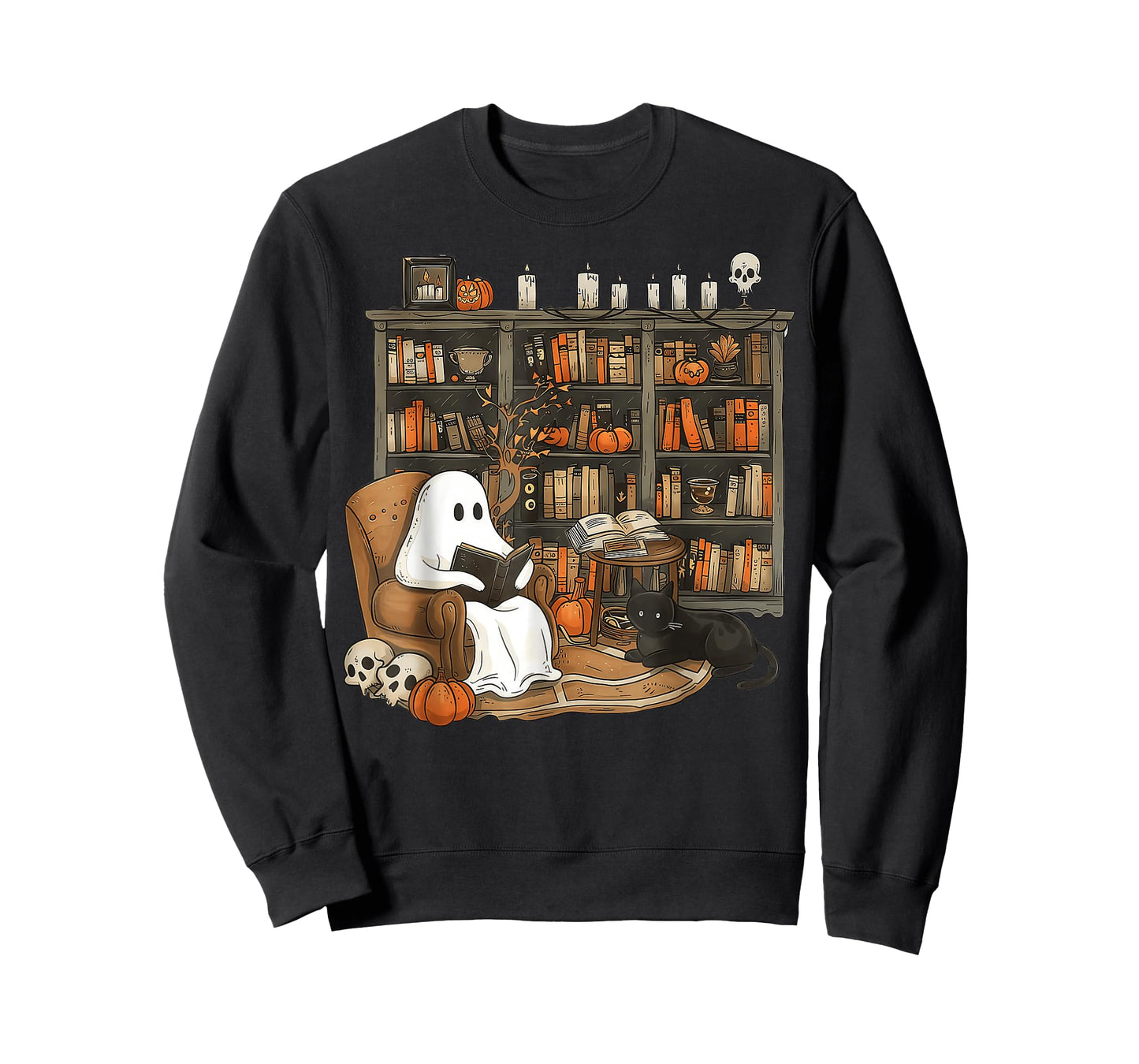 Retro Ghost Reading Books cat, Librarian Ghost Halloween T-Shirt