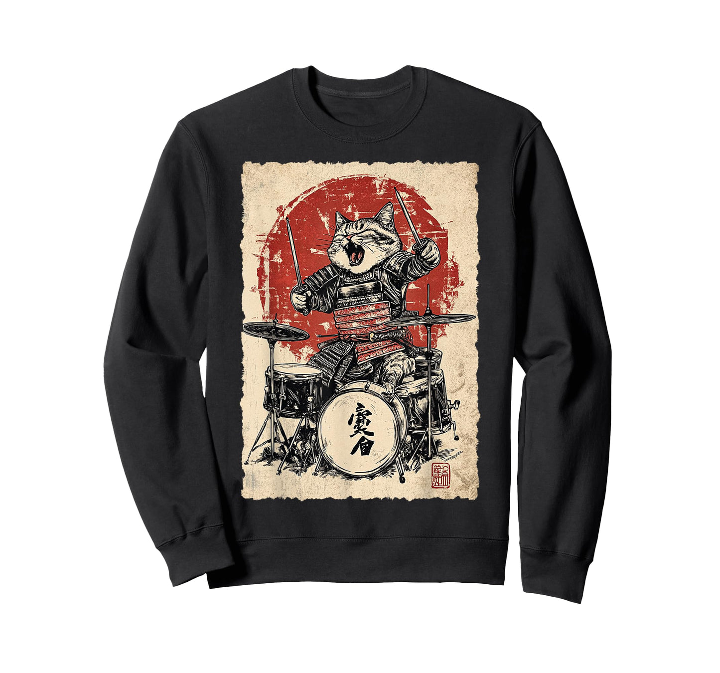 Vintage Japanese Music Samurai Cat Playing on Drum for Kids T-Shirt
