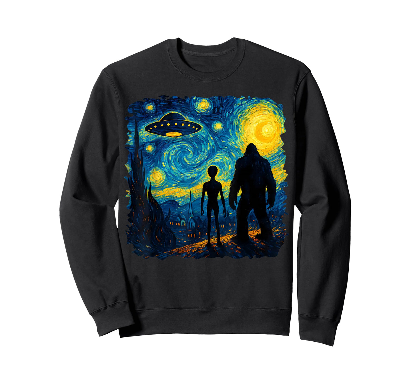 Bigfoot Alien UFO Van Gogh Starry Night Sasquatch Graphic T-Shirt