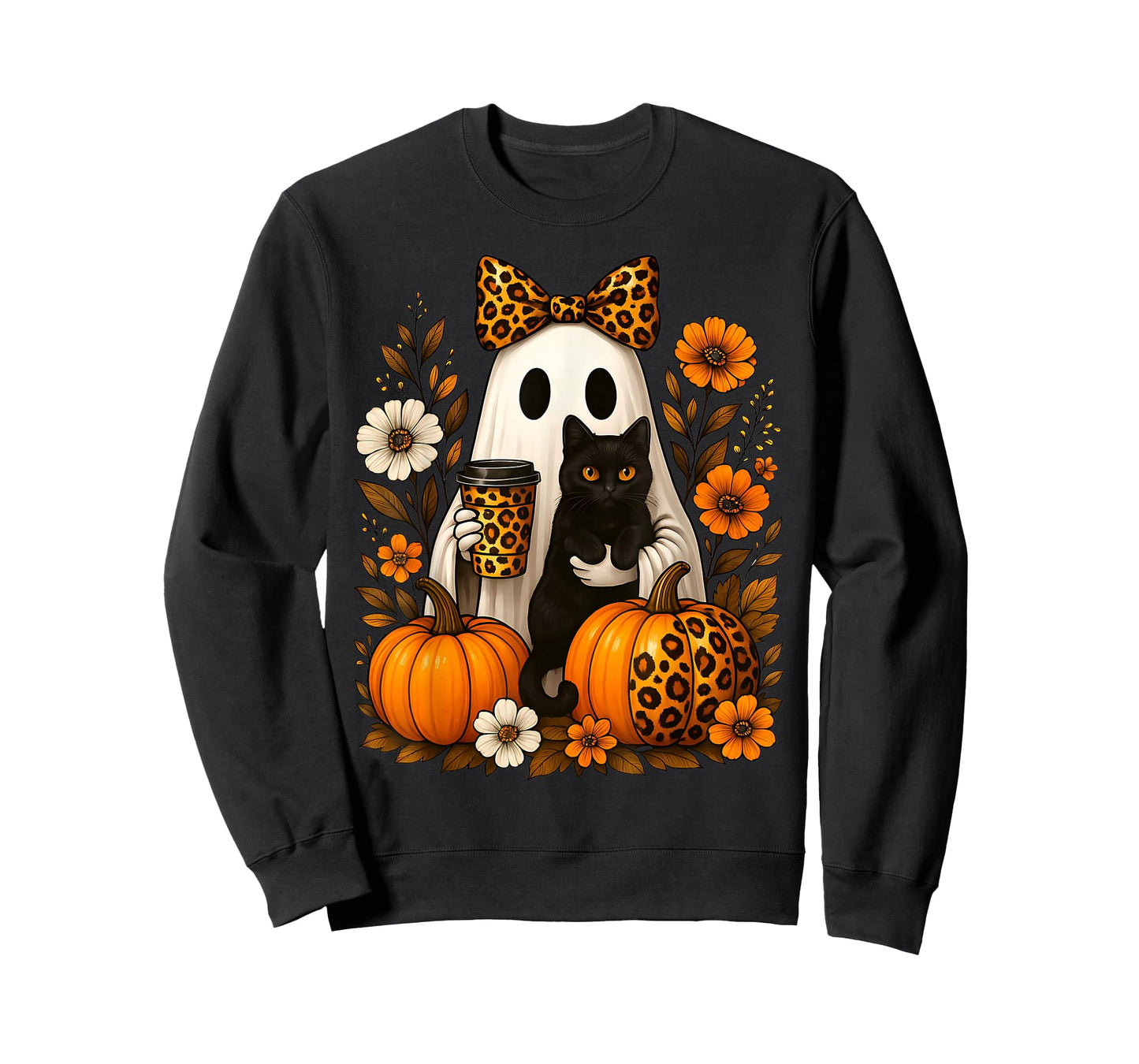 Ghost Holding a Cat & Coffee Leopard Print Autumn Halloween T-Shirt