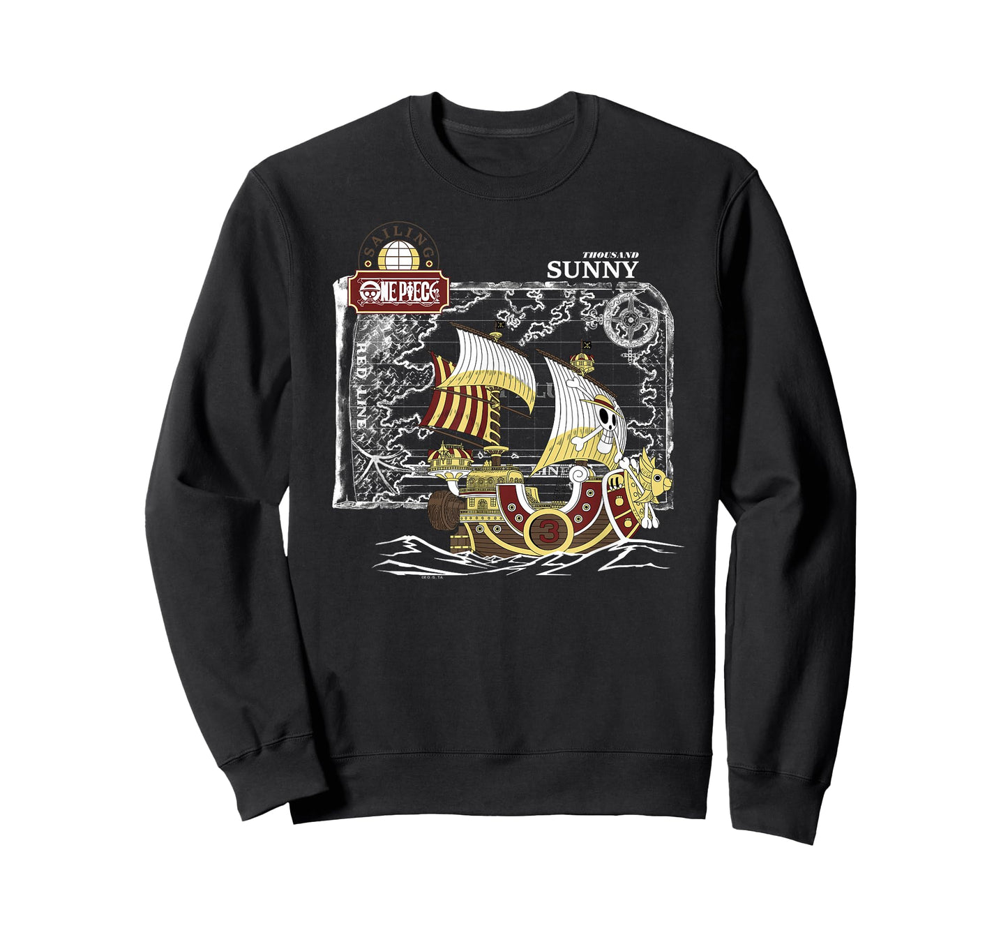 One Piece Anime Thousand Sunny Ship with Map and Logo T-Shirt