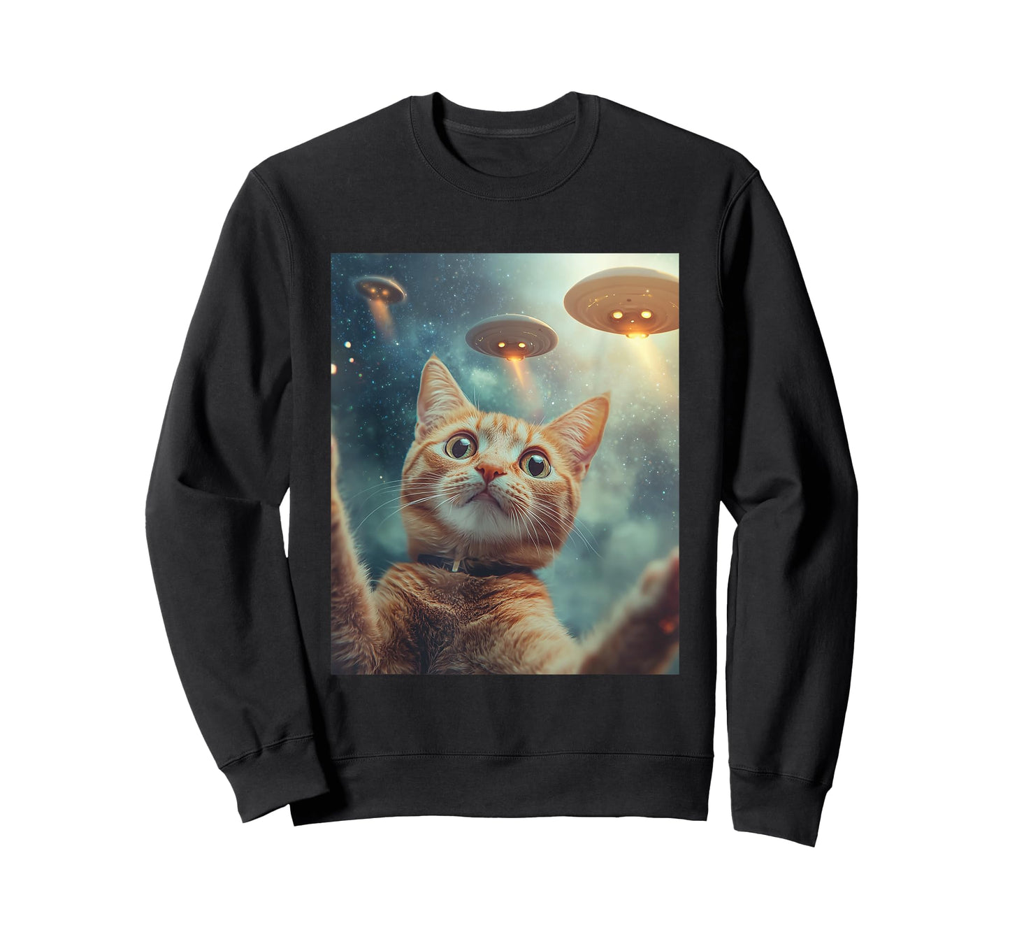 Cat Selfie with UFOs Aliens Kitten Funny Graphic T-Shirt for Men Women Kids