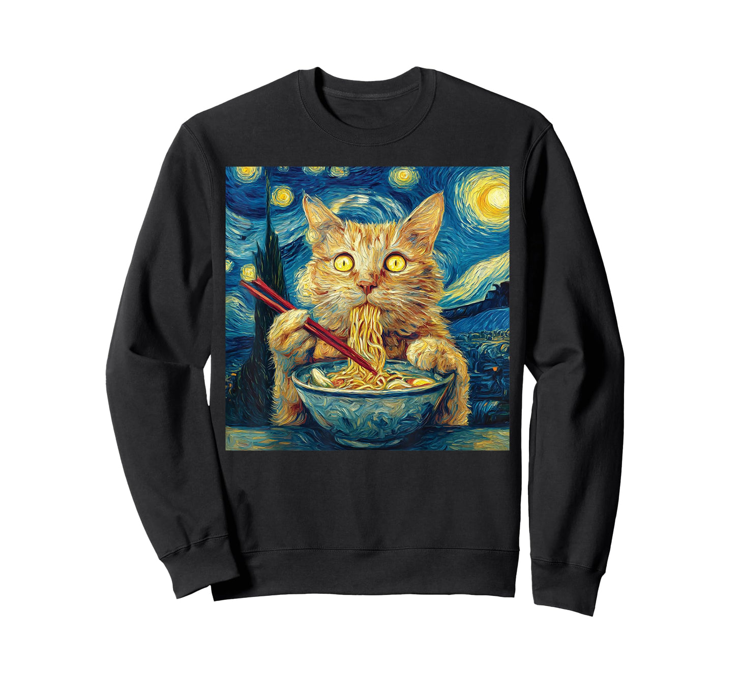 Cat Eating Ramen - Under Starry Sky Funny Noodle Cat Art T-Shirt