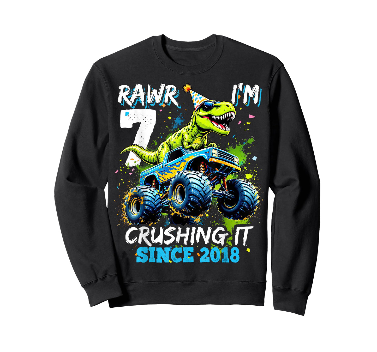 7th Birthday Monster Truck Dinosaur Party Boys Rawr I'm 7 T-Shirt
