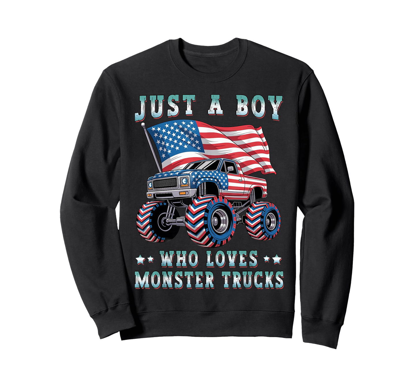 Just A Boy Who Loves Monster Trucks American Flag Kids Boys T-Shirt