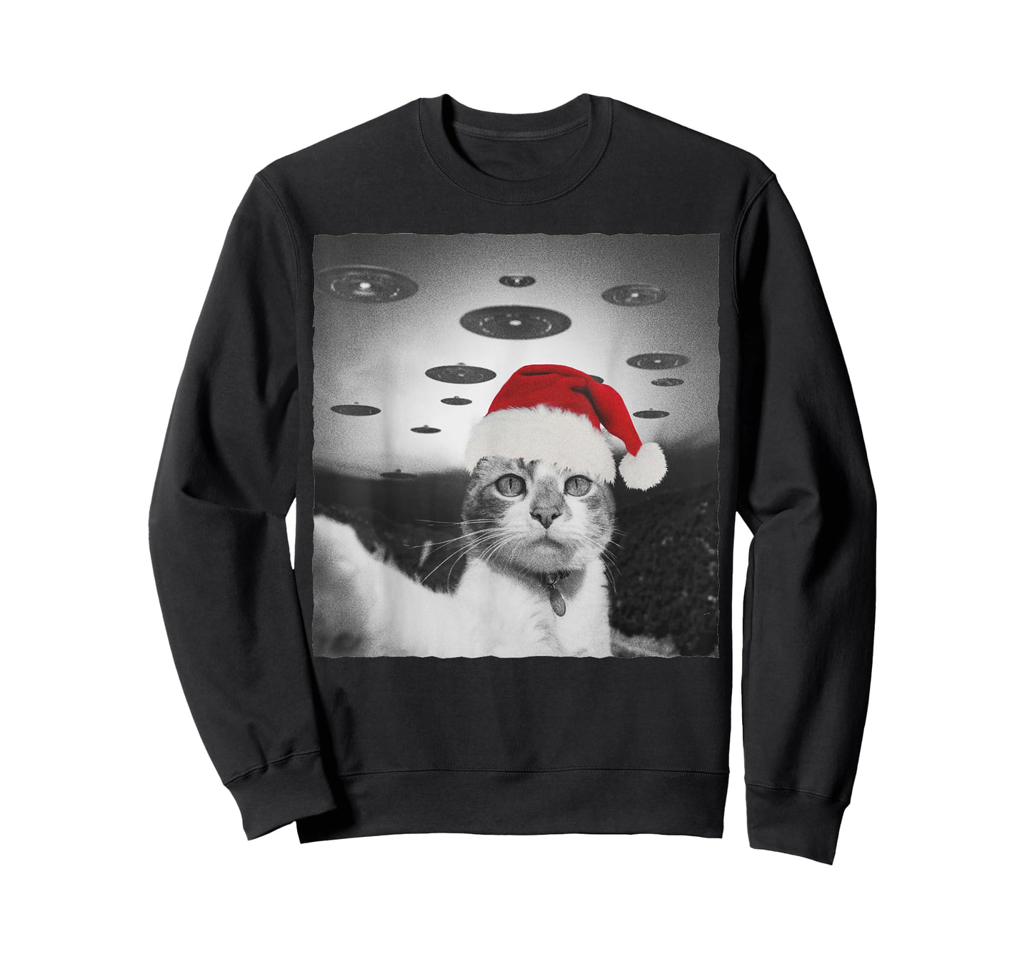 Funny Christmas Cat wear Santa Hat selfie with Alien UFO Men Women Kids T-Shirt