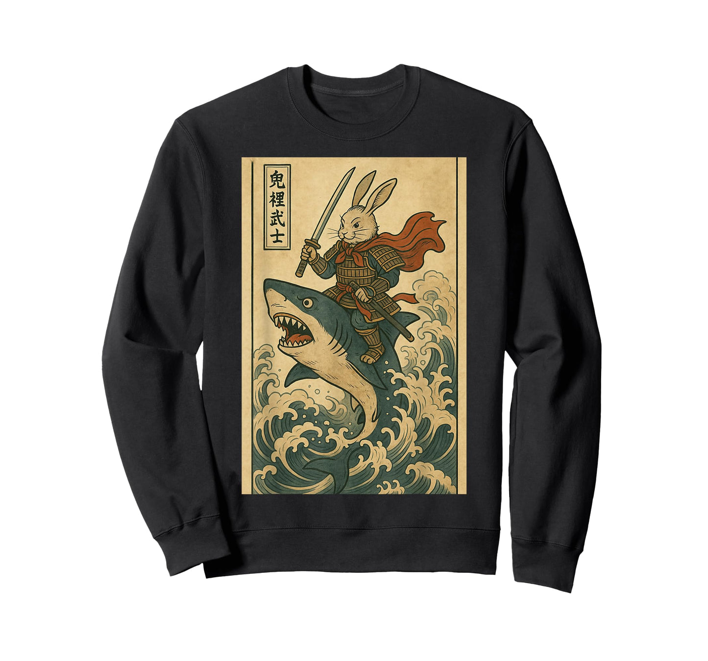 Vintage Japanese Anime Bunny Rabbit Samurai Riding Shark T-Shirt