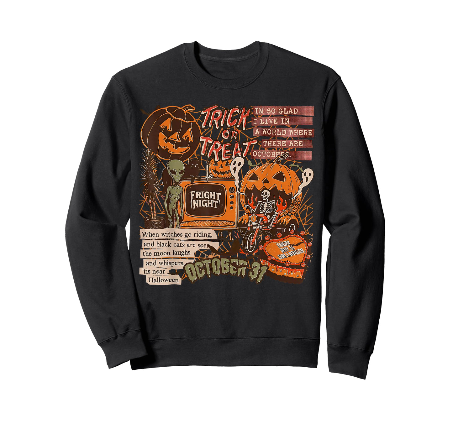 Fright Night Halloween Skeletons Aliens Pumpkins Black Cats T-Shirt