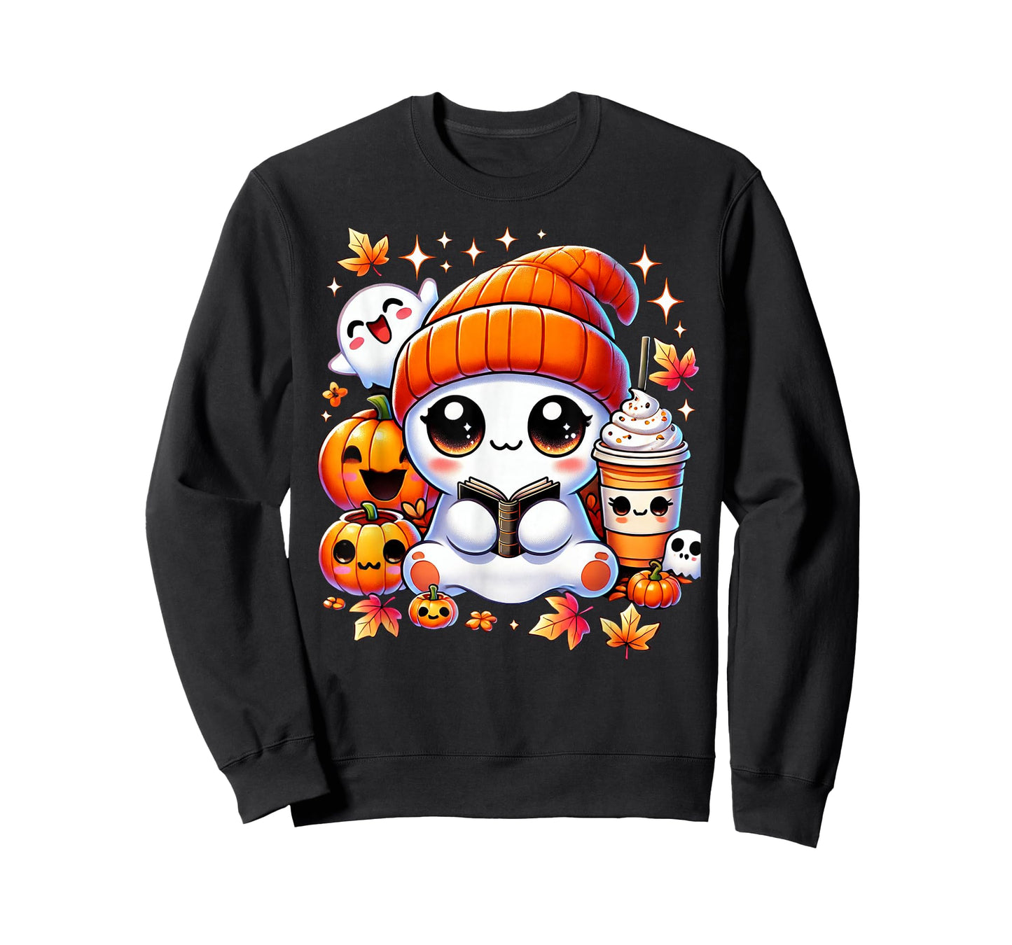 Cute Ghost Reading Book Pumpkins Fall Chocolate Halloween T-Shirt