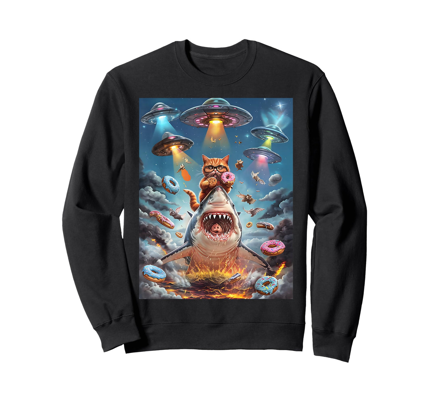Funny Cat Riding Fire Breathing Shark Rainbow Birthday Kids T-Shirt