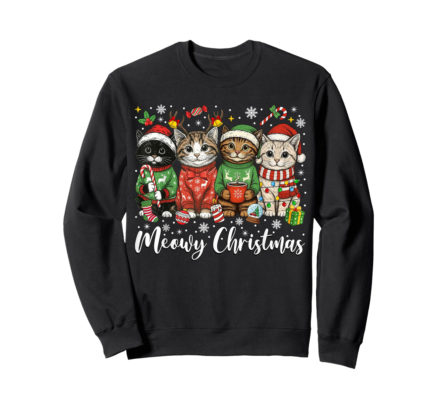 Cute Cats Meowy Christmas Light Santa Hat Merry Catmas Xmas T-Shirt