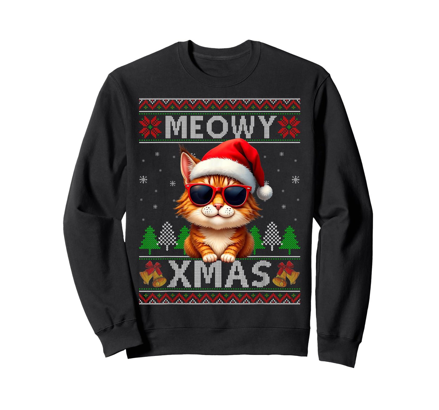 Meowy Xmas Cat Sunglasses Xmas Lights Ugly Christmas Sweater T-Shirt
