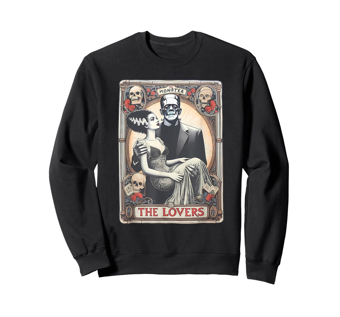 Retro Halloween Frankenstein Tarot Card T-Shirt - Unisex Adults - Black - Small - Short Sleeve - Regular Fit - Cotton 100%, Polyester Blend - Halloween, Retro, Couples, Tarot Card Fans, Unisex