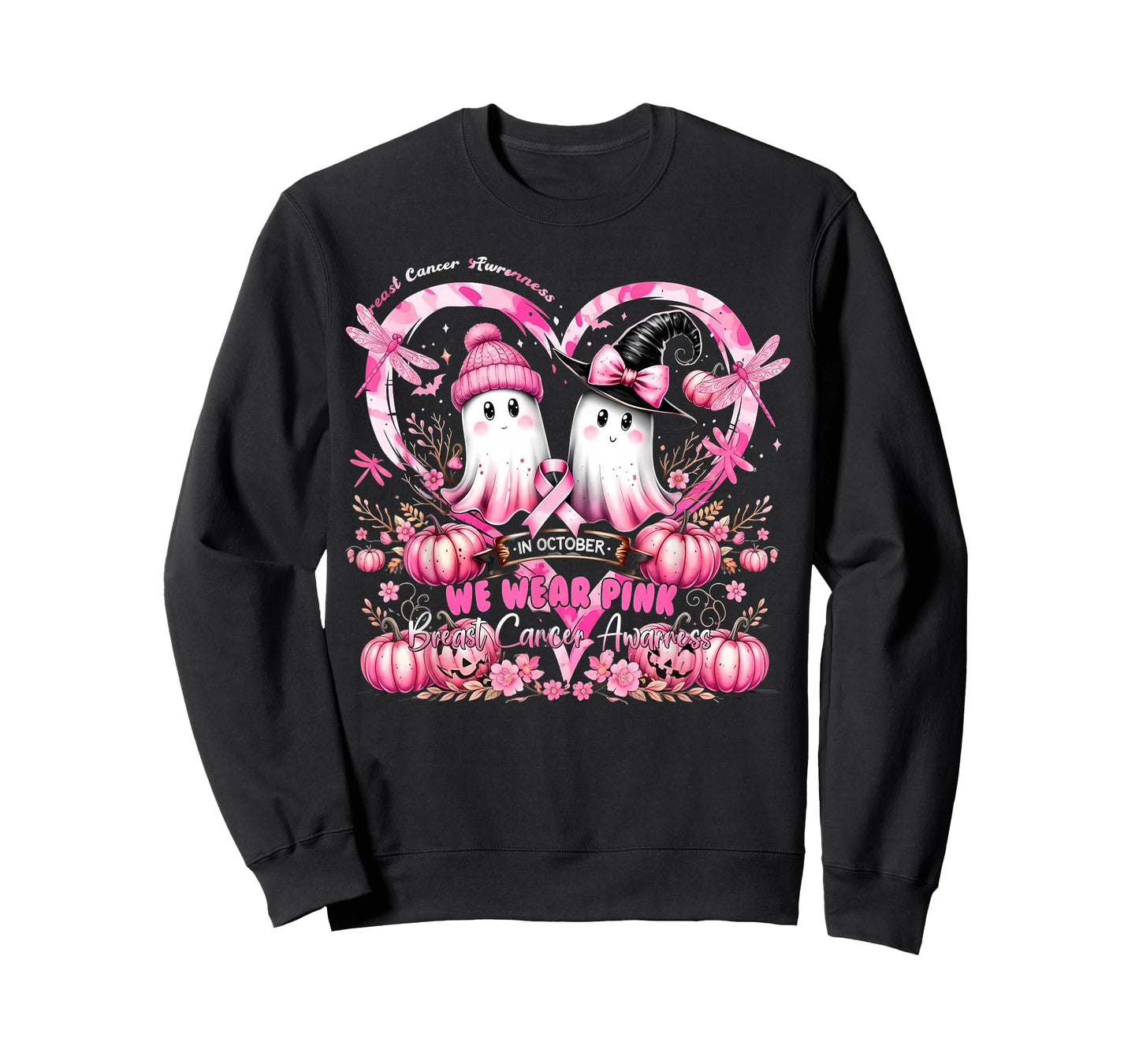 in October We Wear Pink Breast Cancer Heart Dragonflies T-Shirt