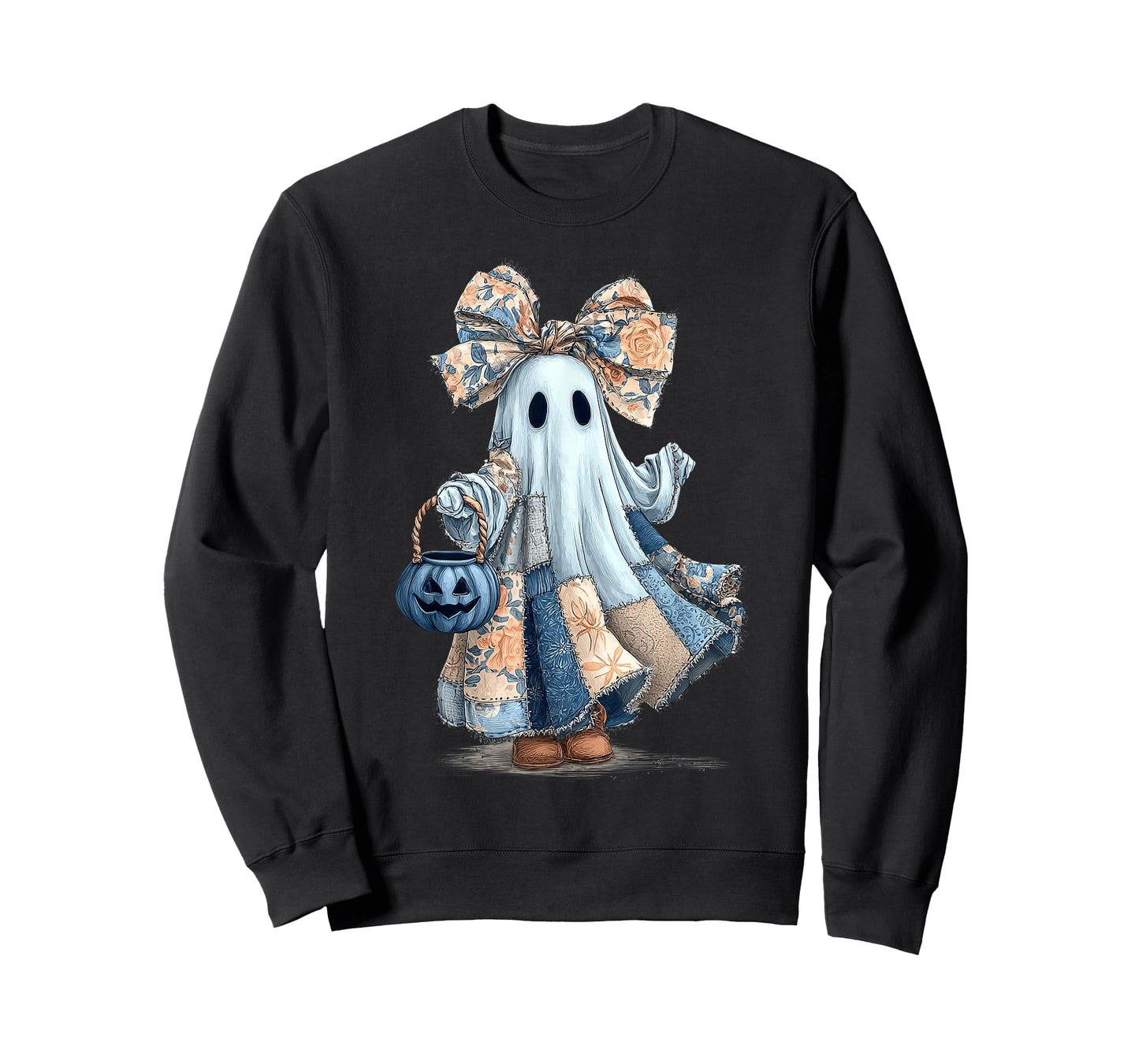 Blue Denim Patchwork Quilt Cute Boo Ghost Halloween T-Shirt