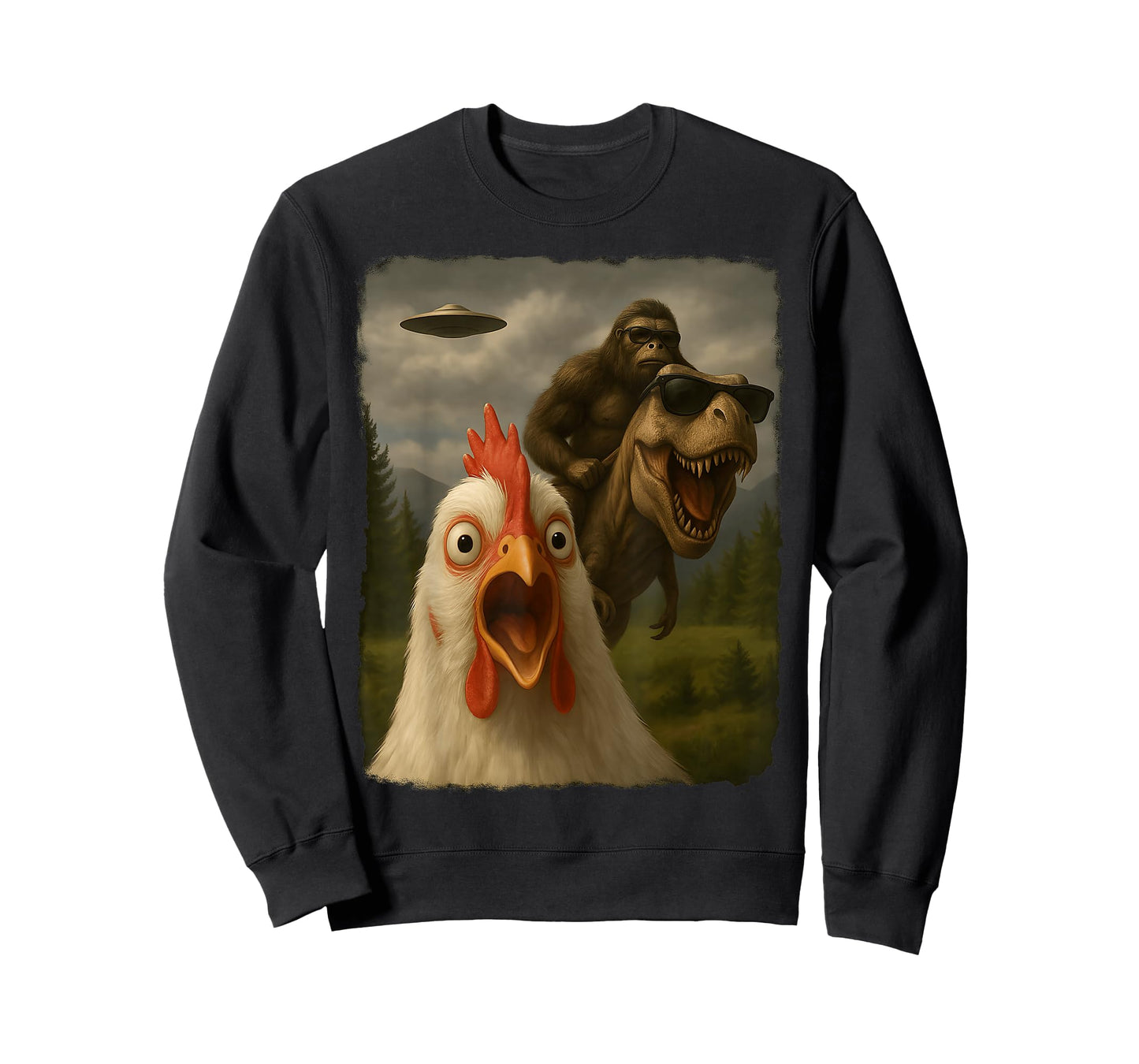 Funny Chicken Selfie Bigfoot Sasquatch Riding T-Rex UFO T-Shirt