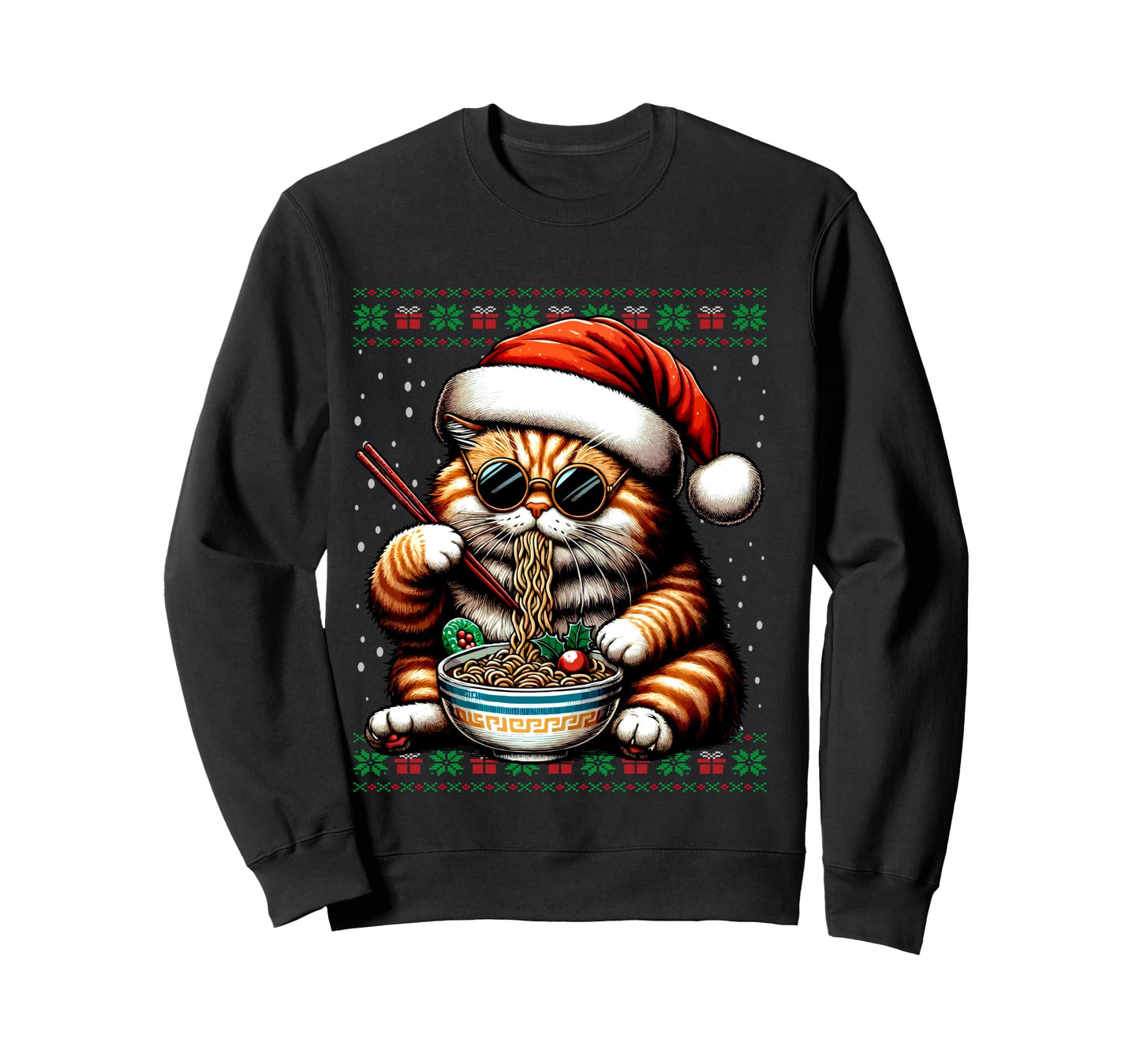 Christmas Cat Eating Ramen Ugly Christmas Sweater Long Sleeve T-Shirt