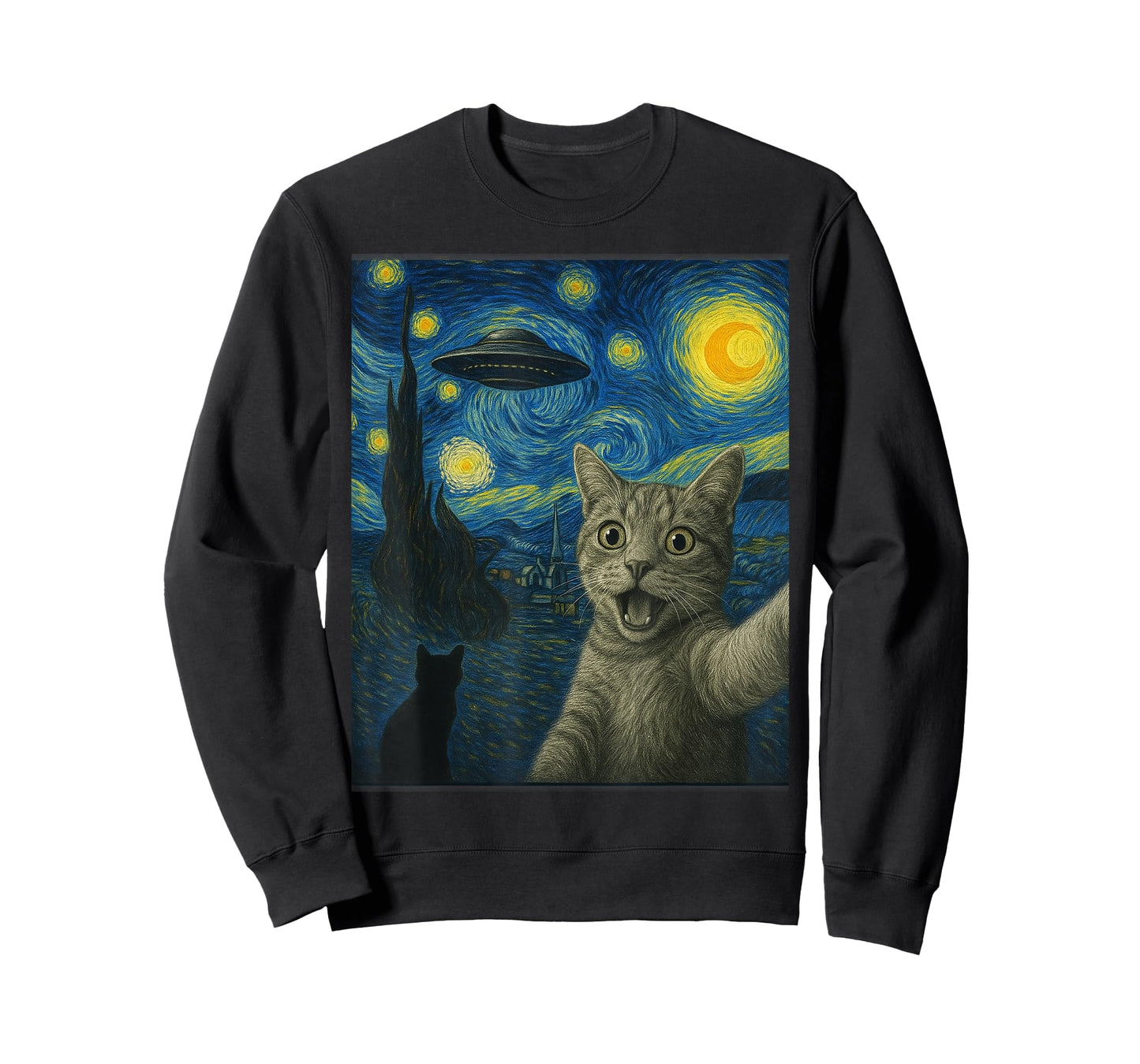 Cat Selfie With Alien UFO Cat Starry Night Van Gogh Cat T-Shirt