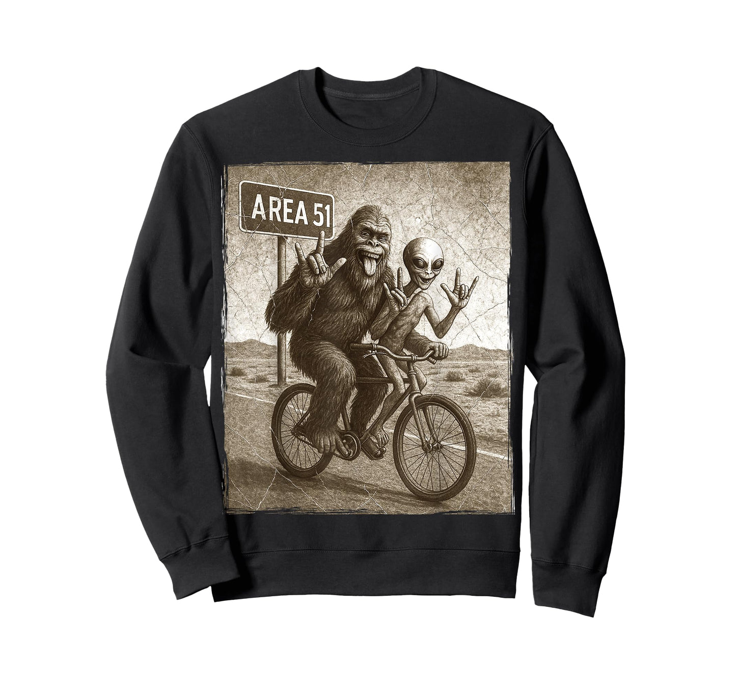 Bigfoot Alien UFO Bike Ride Rock On Area 51 Vintage Funny T-Shirt