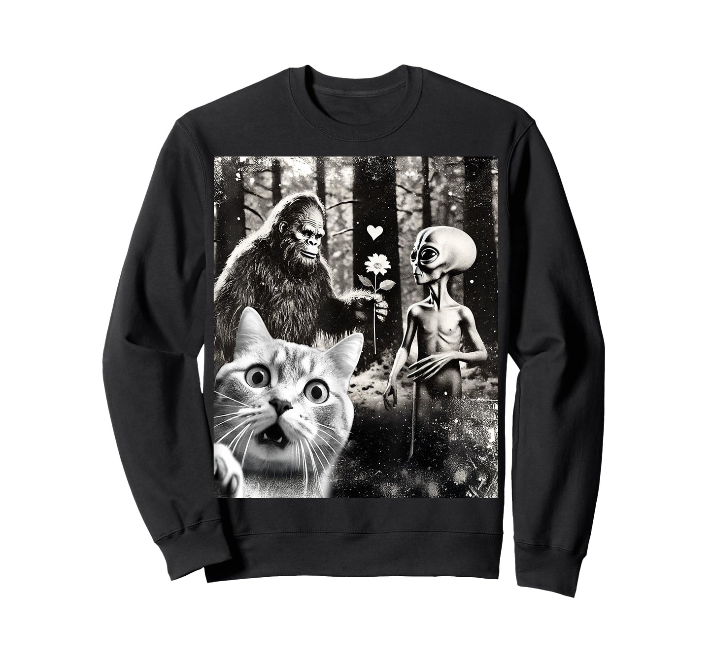 Funny Cat Selfie with Romantic Bigfoot in Love with Alien T-Shirt