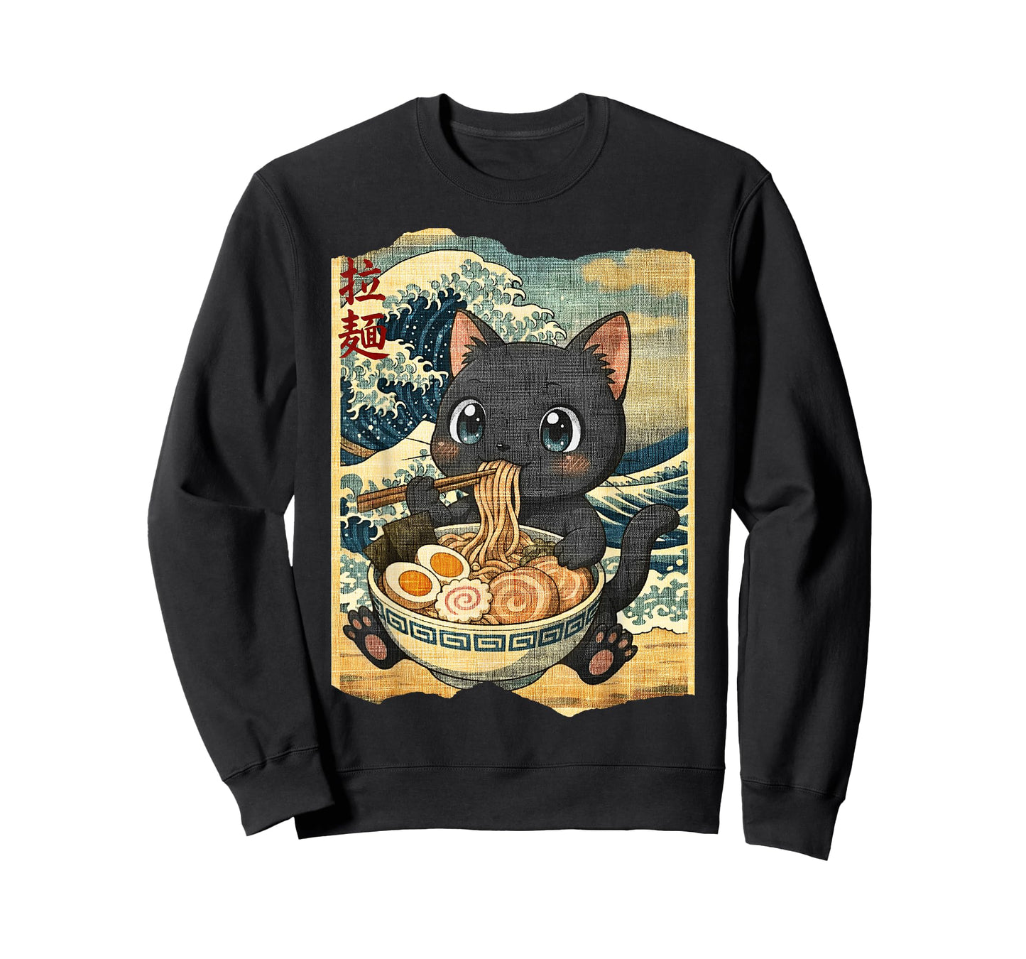 Funny Kawaii Black Cat Ramen Noodle Bowl Japanese Wave T-Shirt